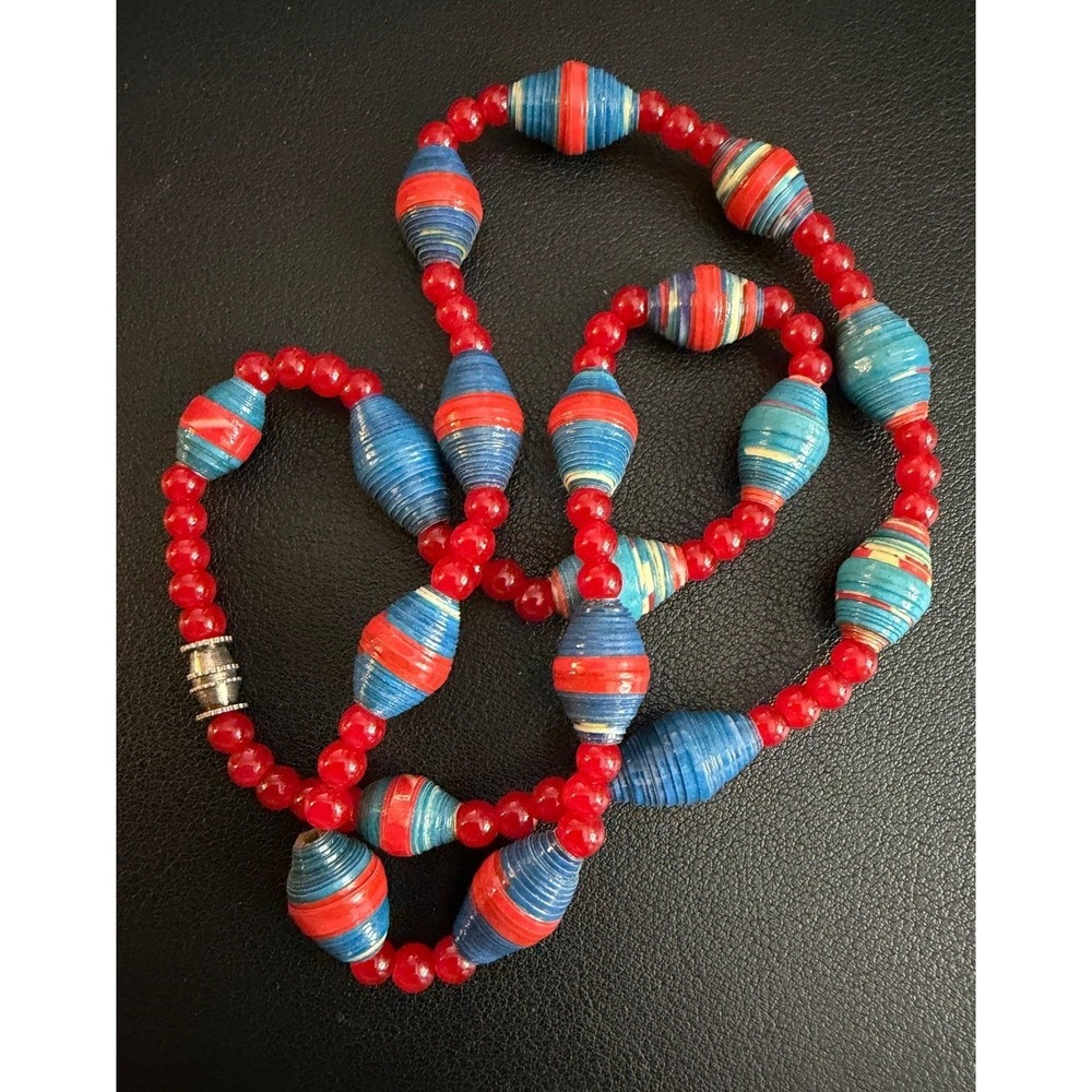 Vintage Paper Bead Necklace Red Blue Patriotic Boho Handmade Upcycled